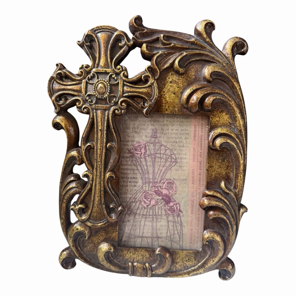 Ornate Cross Picture Frame Gold Bronze Baroque Scrollwork 3.5x5 Photo Decor